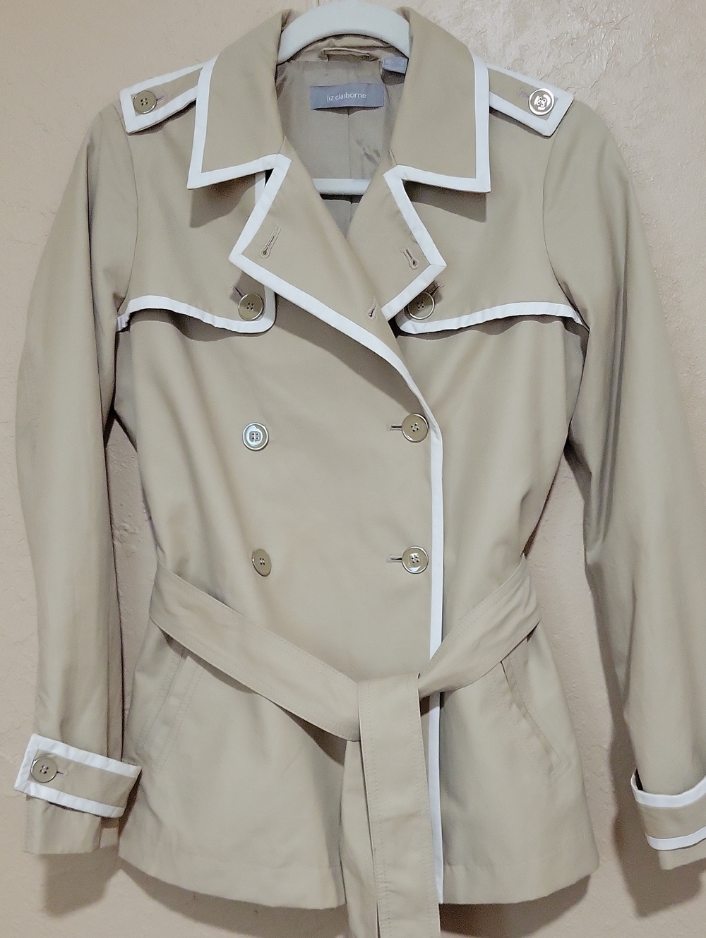 Liz Claiborne Tan Trench Coat with White Trim
